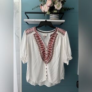 Knox Rose White Blouse with Pink Embroidery